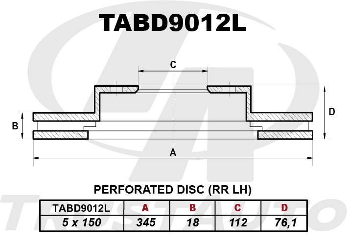 Диск перфорированный левый (345x18x112x761x5) TRUSTAUTO TABD9012L