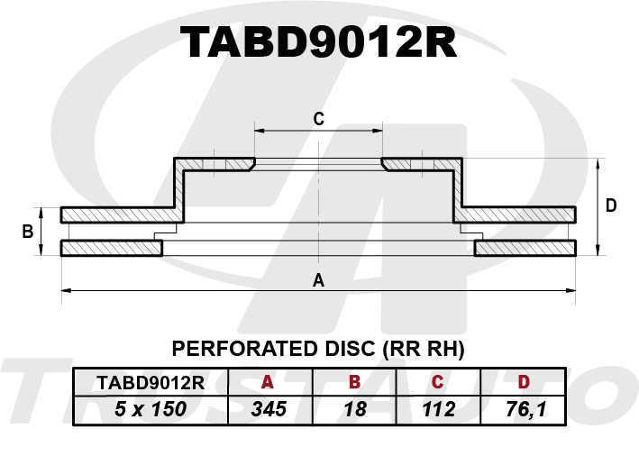 Диск перфорированный правый (345x18x112x761x5) TRUSTAUTO TABD9012R